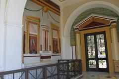 Getty Villa Museum entrance with columns and greenery in Los Angeles California