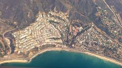 Aerial view of Pacific Palisades beach and Getty Villa
