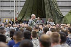 Chairman of the Joint Chiefs of Staff Gen. Martin E. Dempsey addressing U.S. service members at Yokota Air Base Japan