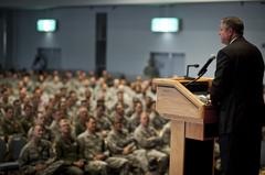 Secretary of the Air Force Michael Donley addressing U.S. Airmen at Yokota Air Base Japan April 2012