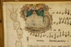 Capital letter 'G' with colorful medieval illustrations in Codice Gaffuriano