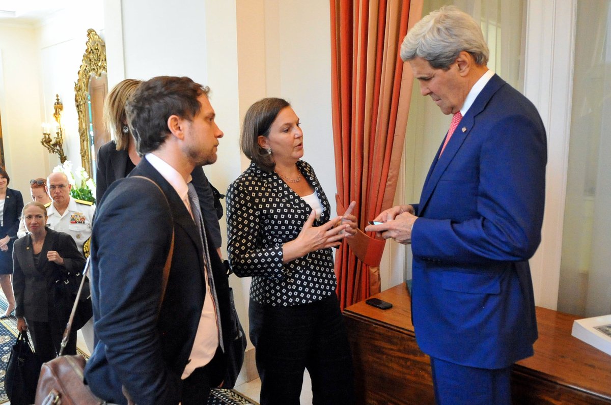 U.S. Assistant Secretary of State Toria Nuland briefing Secretary of State John Kerry and Deputy Chief of Staff Jon Finer on Ukraine talks in Belgium