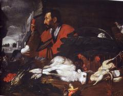 Baroque painting of a bustling market scene with people trading goods