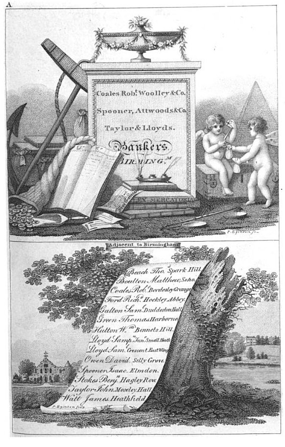 Historic plate depicting Bankers, Birmingham, and Gentlemen adjacent, including Mr. Ford's Hockley-Abbey and M. Boulton's Soho, from James Bisset's 1800 poetic survey round Birmingham