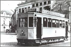Vintage electric city tram number A9441 on line 3 at Eiermarkt near Stadsschouwburg and Kuipersstraat in early 20th century