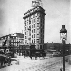 Pabst Hotel on 42nd Street, Manhattan from southeast with adjacent four-story buildings demolished for subway construction, Barrington Apartments on 7th Avenue, Hammerstein's Victoria with historical minstrel show signs in early 1900s