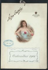 Christmas dinner menu cover with festively dressed woman and 1901 calendar