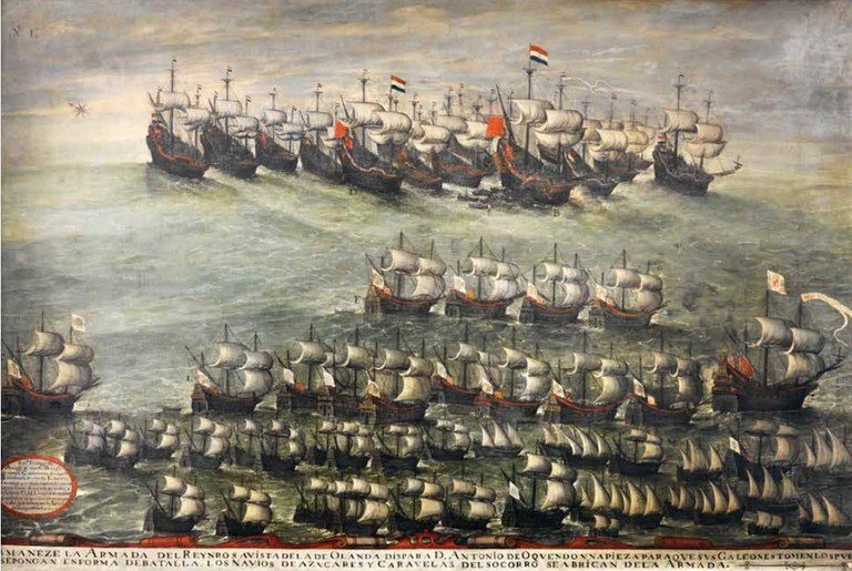 The Battle of Albrolhos naval scene from 1631 with ships in combat