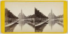 View of the Nieuwe Kerk church exterior in The Hague from the Wijnhaven harbor, 19th century stereophoto