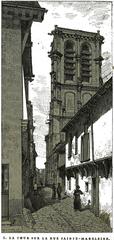 Drawing of Sainte Madeleine tower and street by Fichot