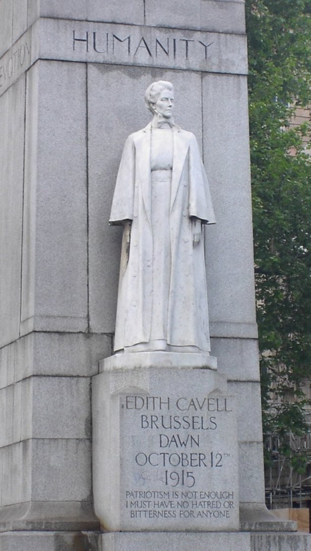 Memorial monument dedicated to Edith Cavell, British nurse and war heroine