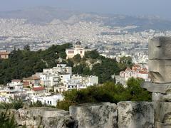 National Observatory of Athens building with domes seen from Acropolis