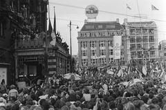Ajax football players on balcony cheered by large crowd in Amsterdam 1971