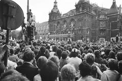 Ajax football players on balcony cheered by large crowd at Stadsschouwburg Amsterdam on June 3, 1971