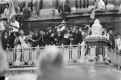 Ajax football players standing on a balcony during a celebration, Amsterdam June 3, 1971