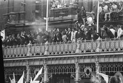 Ajax football players on balcony being cheered by large crowd in Amsterdam in 1971