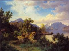 Landscape painting of Balestrand by Garden Flesje by Hans Gude