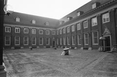 Restored former girls' place at Amsterdam Historical Museum in black and white photograph from 1975