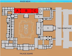 Top-down schematic view of Neva Enfilade, showing multiple doorways aligned in a straight line