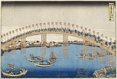 Color woodblock print of Temma Bridge in Settsu Province, Japan, circa 1835