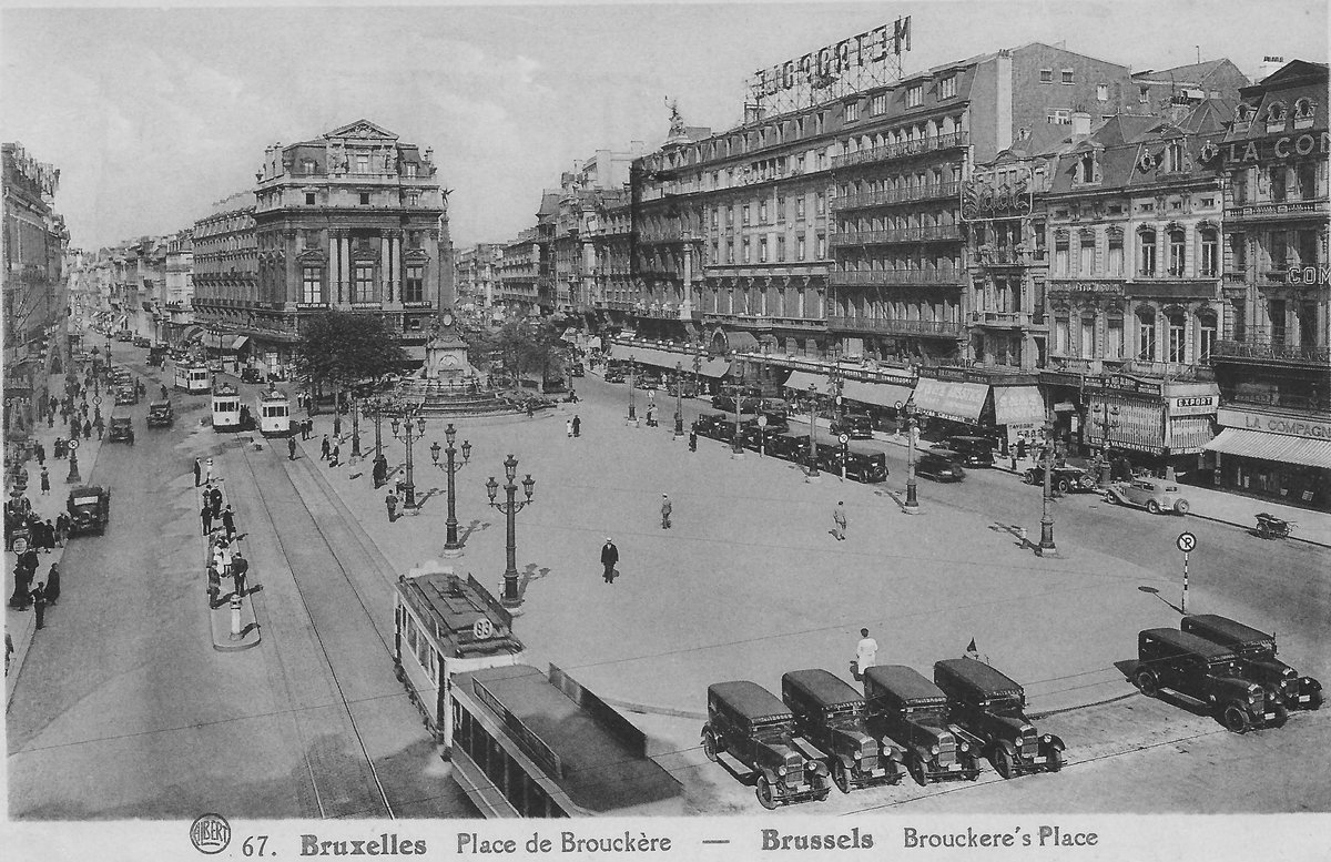 Vintage postcard of Brouckere Place in Brussels around 1930 showing historical buildings and a no parking sign