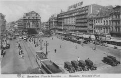 Vintage postcard of Brouckere Place in Brussels around 1930 showing historical buildings and a no parking sign