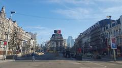 Place Brouckere in Brussels showing aftermath of March 2016 terrorist attacks with debris and damaged buildings
