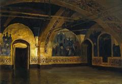 Interior view of Teremnoy Palace Golden Chamber with ornate golden decorations and historical paintings