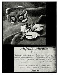 Vintage jeweler advertisement in Bilbao featuring a hand holding a blue diamond and jewelry