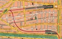 Detailed historical map of Brussels in 1897 showing North and Allée Verte train stations and railway tracks