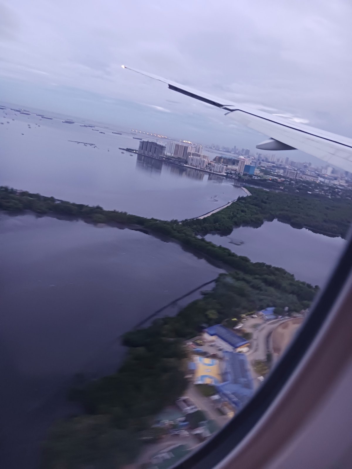 Airplane landing at Manila airport with Las Piñas-Parañaque Critical Habitat and Ecotourism Area in the background
