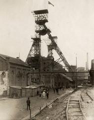 Black mourning flag flying on mining shaft tower after 1921 Mont Cenis mine disaster in Herne, Westphalia