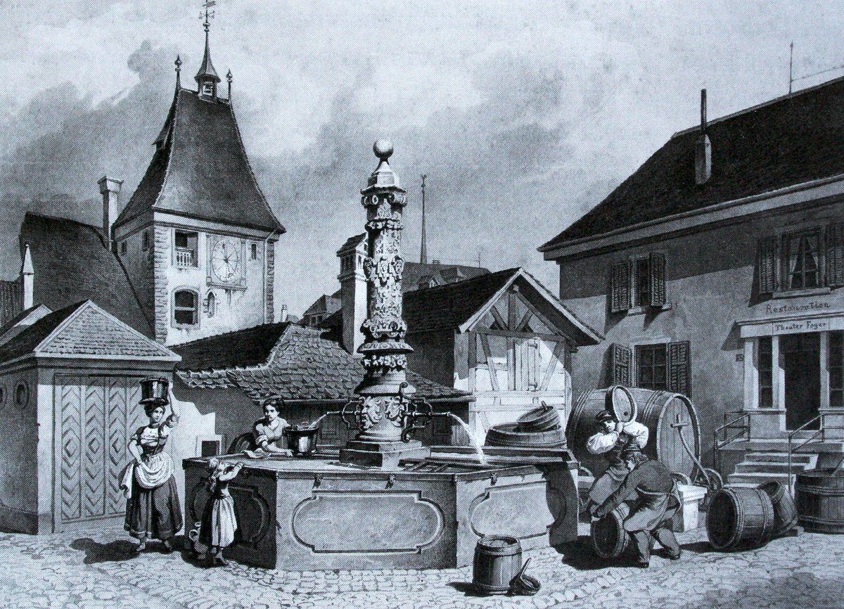 Barfüsserkloster fountain in former cemetery with theater entrance on right in 1871