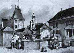 Barfüsserkloster fountain in former cemetery with theater entrance on right in 1871