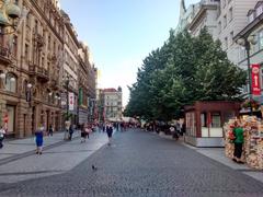 Na příkopě street in Prague bustling with people and historic buildings in summer 2016