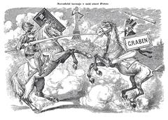 Political caricature on language dispute in Bohemia showing a Jewish man on a horse with Star of David saddlecloth, symbolizing fight for German street names against Czech nationalism in Prague, 1891