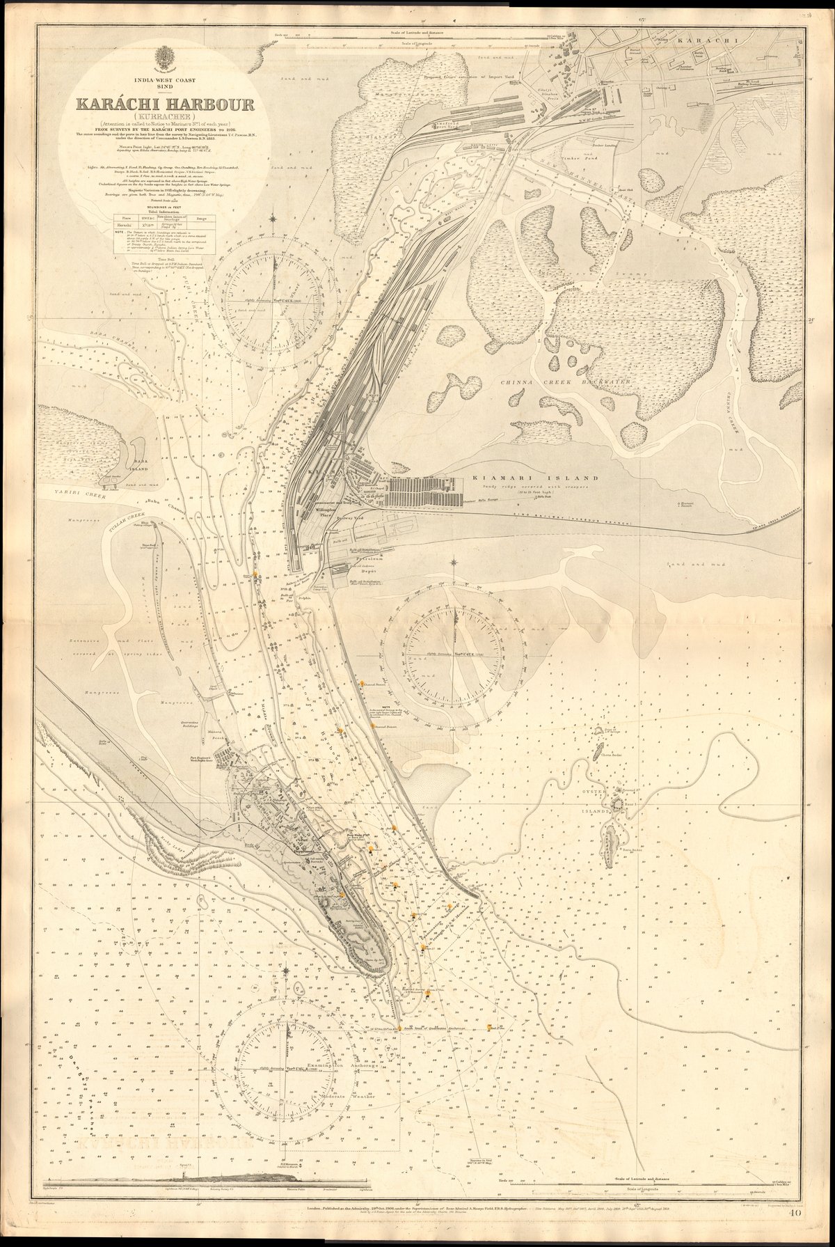 Vintage nautical chart of Karachi Harbour from 1906, new edition 1918