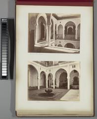 Courtyard arcade with arches and a water basin inside a historic house in Tétouan, Morocco, circa 1860-1880