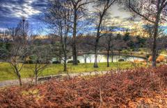 View of the Gateway Arch and St. Louis cityscape from the Japanese Garden overlook in St. Louis Botanical Gardens