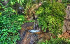 Small waterfall inside the temperate house at St. Louis Botanical Gardens with lush greenery