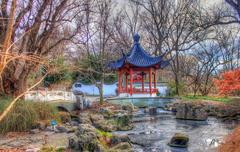Temple like structure in Chinese Gardens at St. Louis Botanical Garden with the Arch in the background
