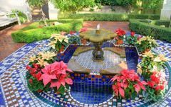 The Gateway Arch with St. Louis cityscape and a courtyard fountain at the Botanical Gardens