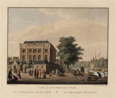 Portugees-Israëlitische Synagoge aan de Rapenburgerstraat 197 met Deventer Houtmarkt en Muidergracht in Amsterdam, 1825 aquatint