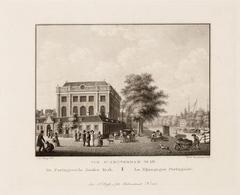 Portuguese-Israeli Synagogue at Rapenburgerstraat 197 and Deventer Houtmarkt with Muidergracht in Amsterdam, aquatint 1825