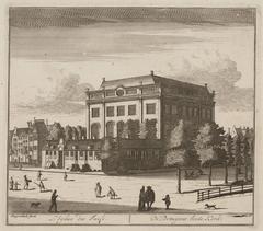 Historic etching of the Portuguese Jewish Synagogue with entrance from Muiderstraat and houses along Rapenburgerstraat, circa 1700