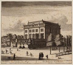 1710 etching of the Portuguese-Israelite Synagogue and surrounding streets including Rapenburgerstraat and Deventer Houtmarkt in Amsterdam