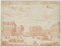 Historic drawing of Deventer Houtmarkt and J.D. Meijerplein showing the Portuguese-Israelite Synagogue, Great Synagogue, adjacent houses, and Muidergracht canal in 1730-1735