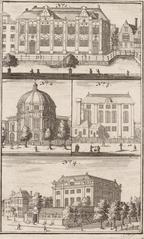Engraving of four religious buildings in Amsterdam including two Lutheran churches and two synagogues