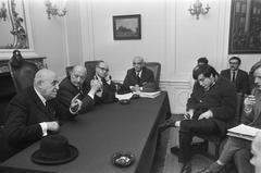Barnett Janner speaking and Simon Wiesenthal standing during a press conference in the Portuguese-Israeli Synagogue in Amsterdam in 1970