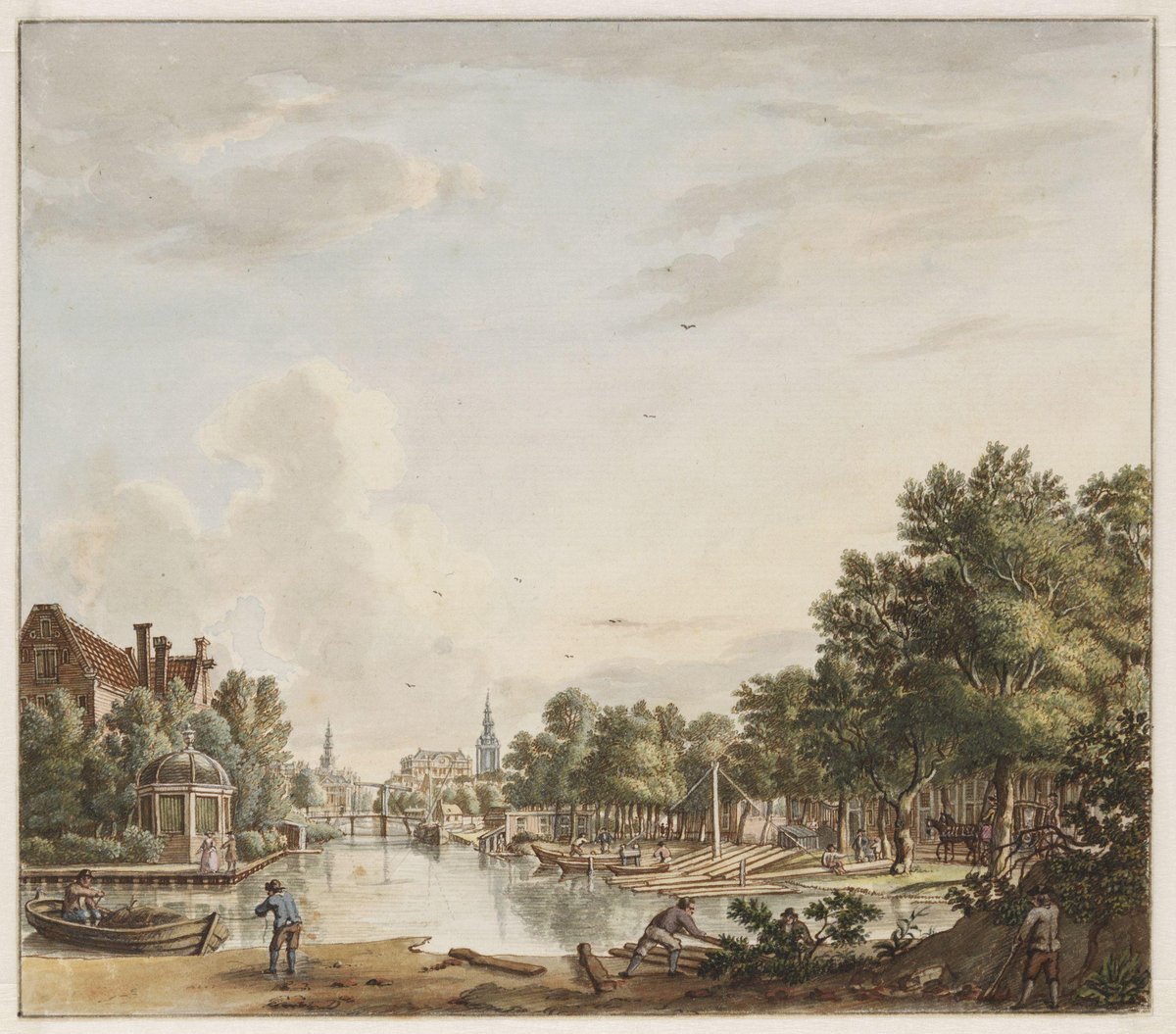 Historical drawing of Plantage Muidergracht with Schans (now Sarphatistraat), Muiderpoort, Keerweer dome, Plantage area, Kerkbrug, Oudezijds Huiszittenhuis, Portugees-Israëlitische Synagoge, Zuidertor